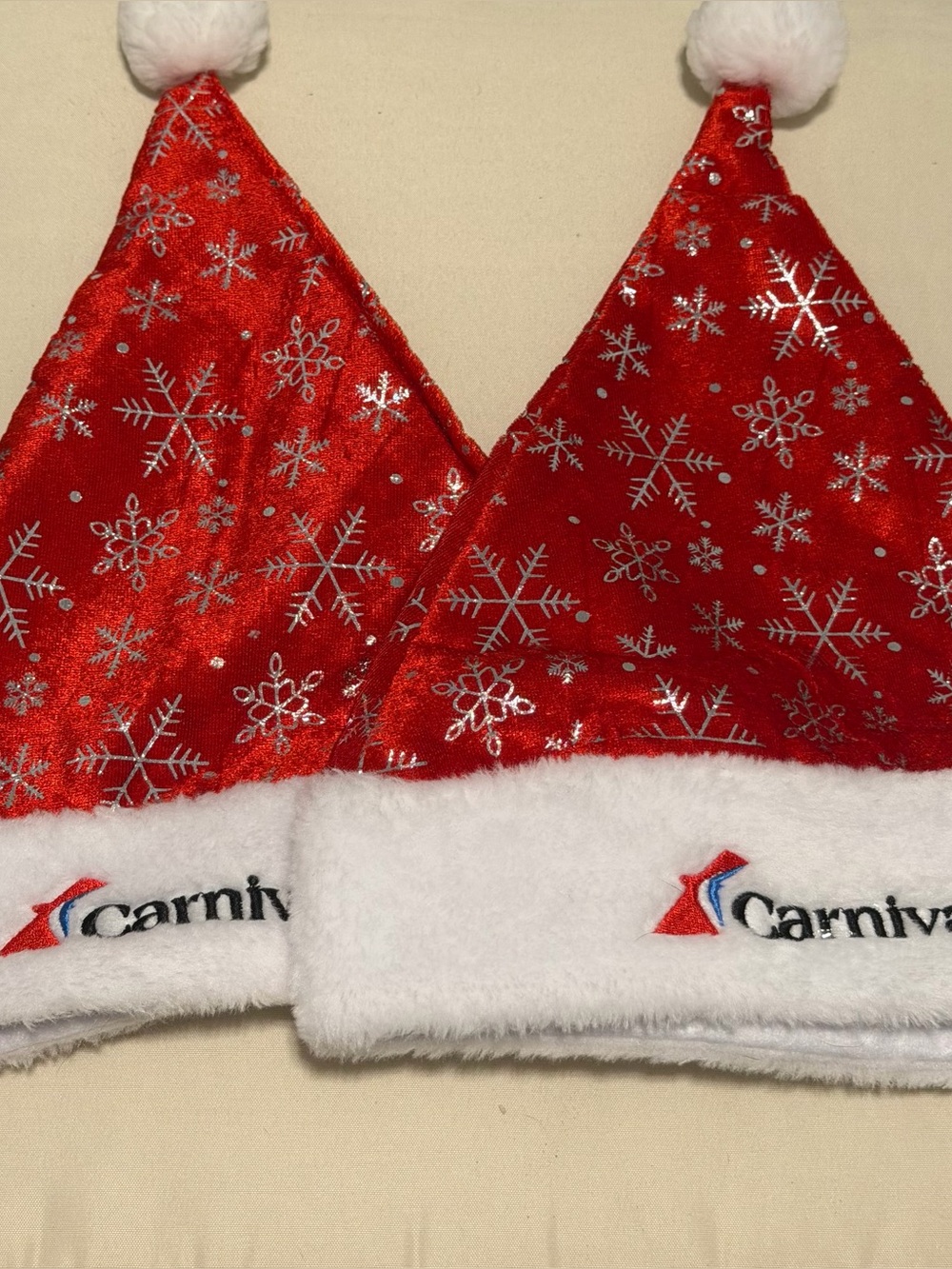 Carnival Red Snowflake Kids Santa Hat - Holiday Plush Pom Pom (set of 2)